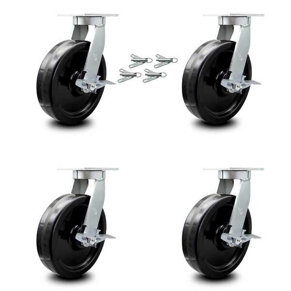 12 Inch Heavy Duty Phenolic Wheel Caster Set with Brakes and Swivel Locks, 4PK